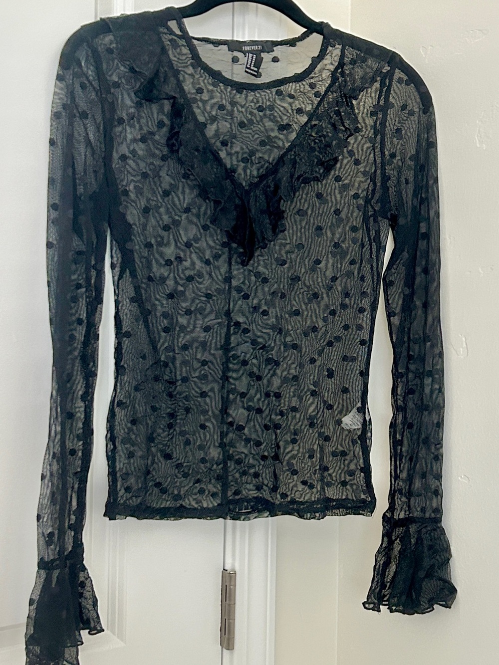 Black Sheer Polka Dot Ruffle Long Sleeve Top by Forever 21